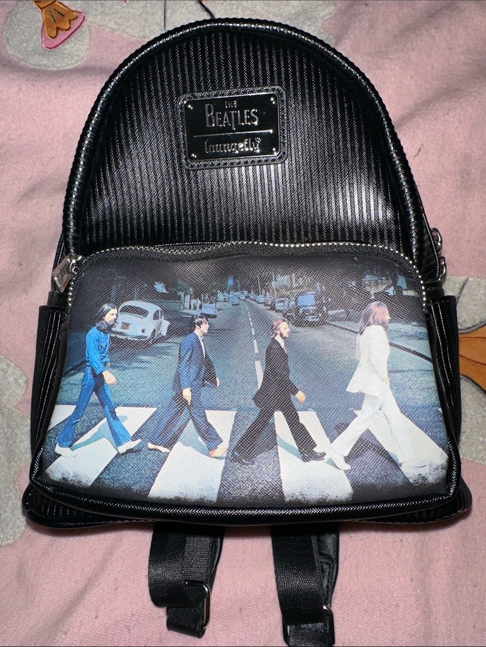 Loungefly Black Beatles Abbey Road Mini Backpack with Colorful Crosswalk Art